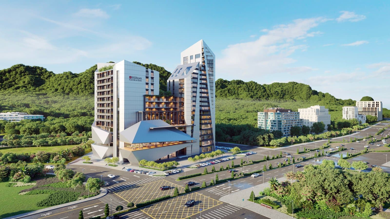 Faisal Jewel hotel towers rendering beside the green hills